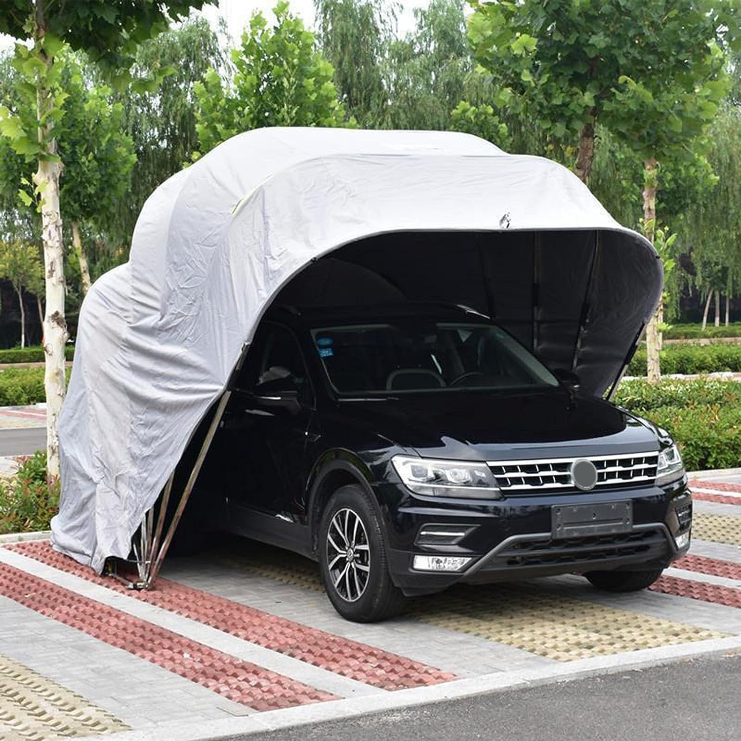 Folding Mobile Carport, Portable Stainless Steel Car Tent, Semi-Automatic Simple Outdoor Garage Car Cover, Durable Rainproof Awning, for Cars/Sedans, Grey