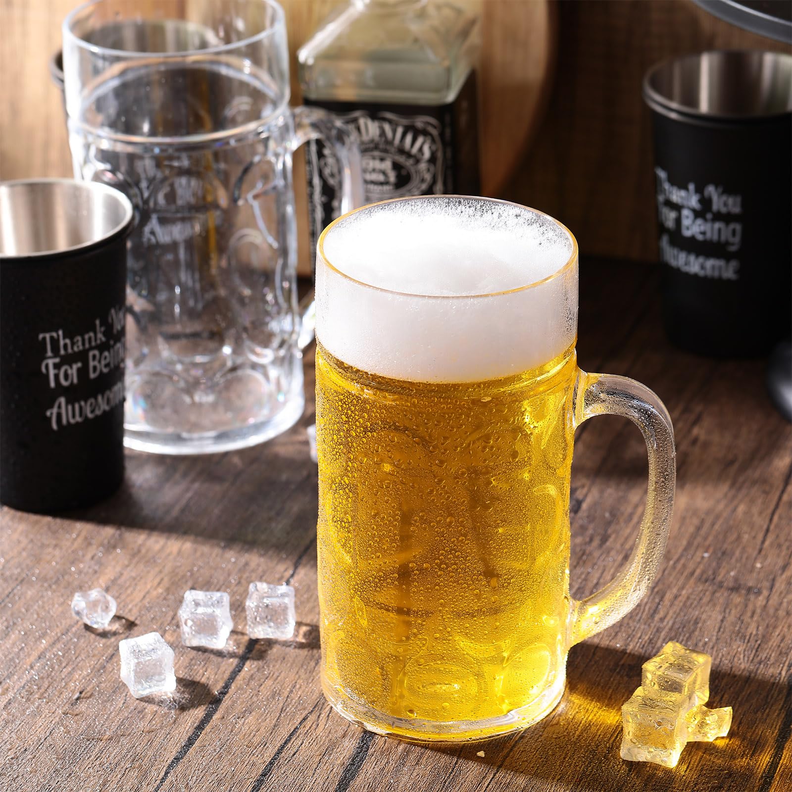 Suclain 6 Pcs Clear Plastic Beer Mugs with Handles 34 oz Large Dimpled Beer Cups Clear Plastic Beer Glasses Reusable Classic Plastic Coffee Mugs with Handles for Beer Whiskey Juice Coffee Tea Cocktail