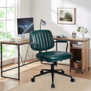 KLASIKA Mid Century Office Chair Retro Leather Desk Chair with Arms Swivel Vintage Chair Adjustable Seat Height & Backrest for Home Office Computer, Green