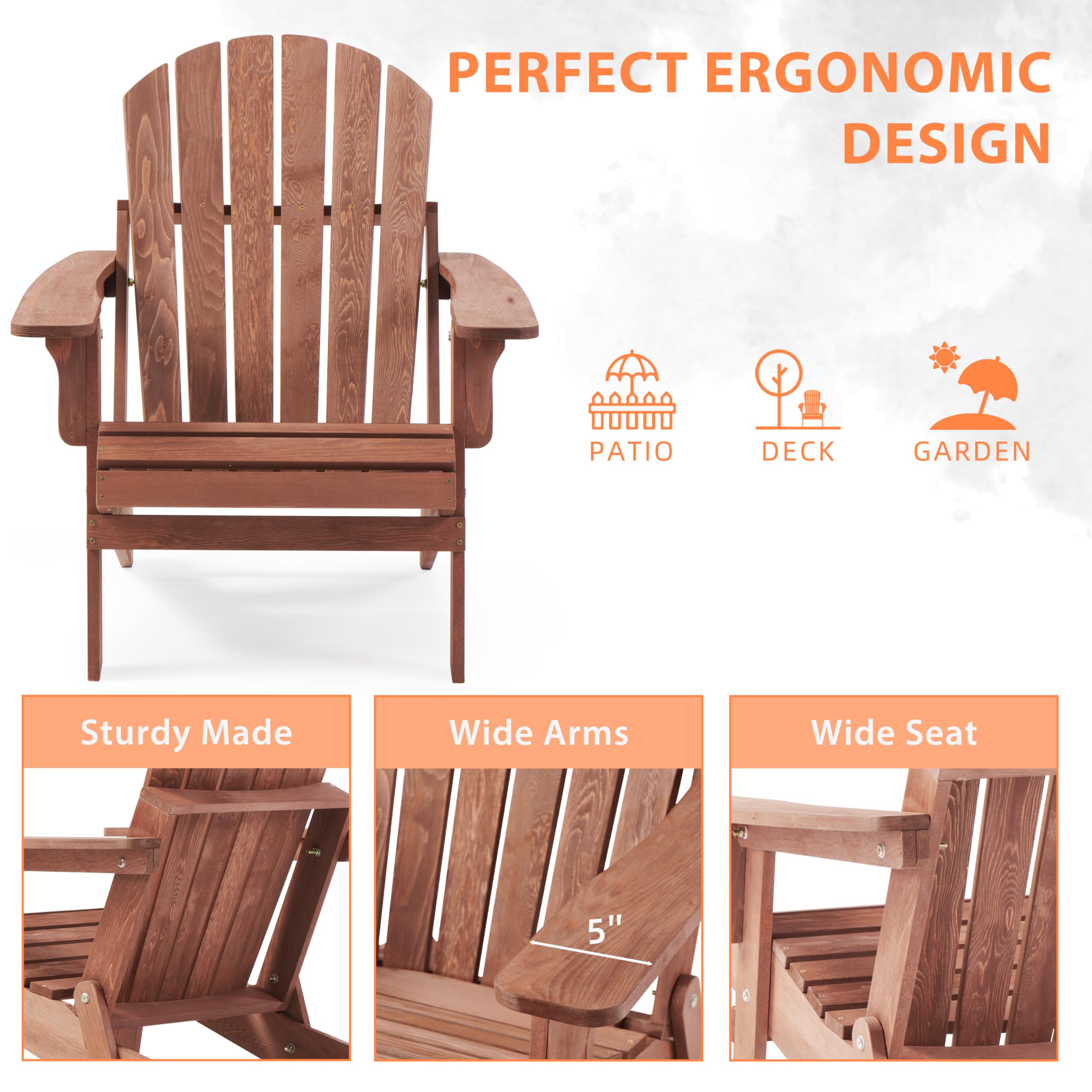 Oversized Wooden Folding Adirondack Chair with Pre-Assembled Backrest and Seat Board, Lounge Chair for Outdoor Patio Garden Lawn Backyard Firepit Deck Pool Beach