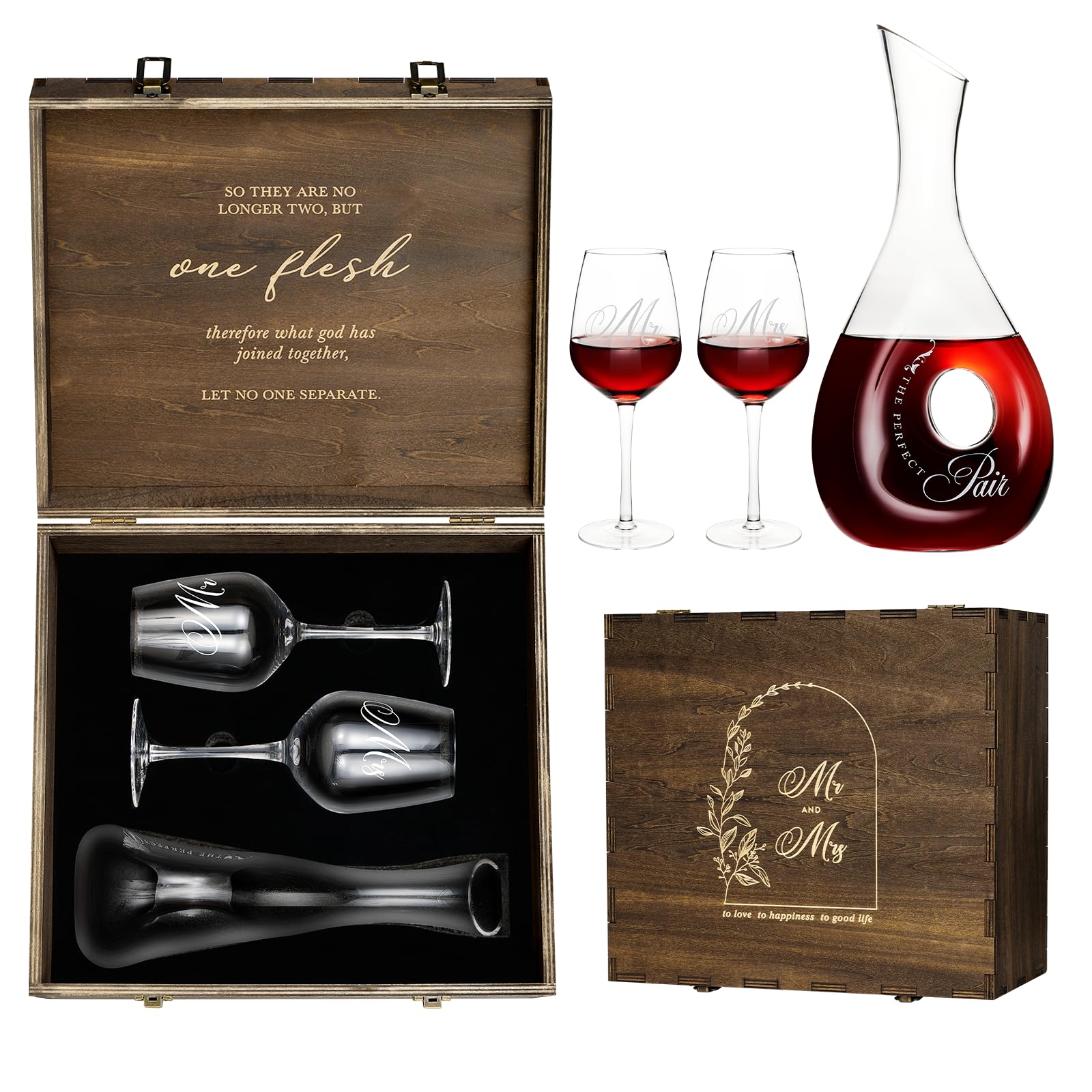 AW BRIDAL Wedding Wine Decanter Set Engraved Mr & Mrs Wine Glasses Wedding Gifts Bridal Shower Gifts Engagement Gifts for Couples