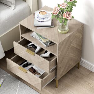 Anmytek Modern Nightstand for Bedroom, 2 Drawer Nightstand Square Bedside Table End Table with Storage for Bedroom, Sofa Side Table 2 Drawer Nightstand, Natural Oak, H0103