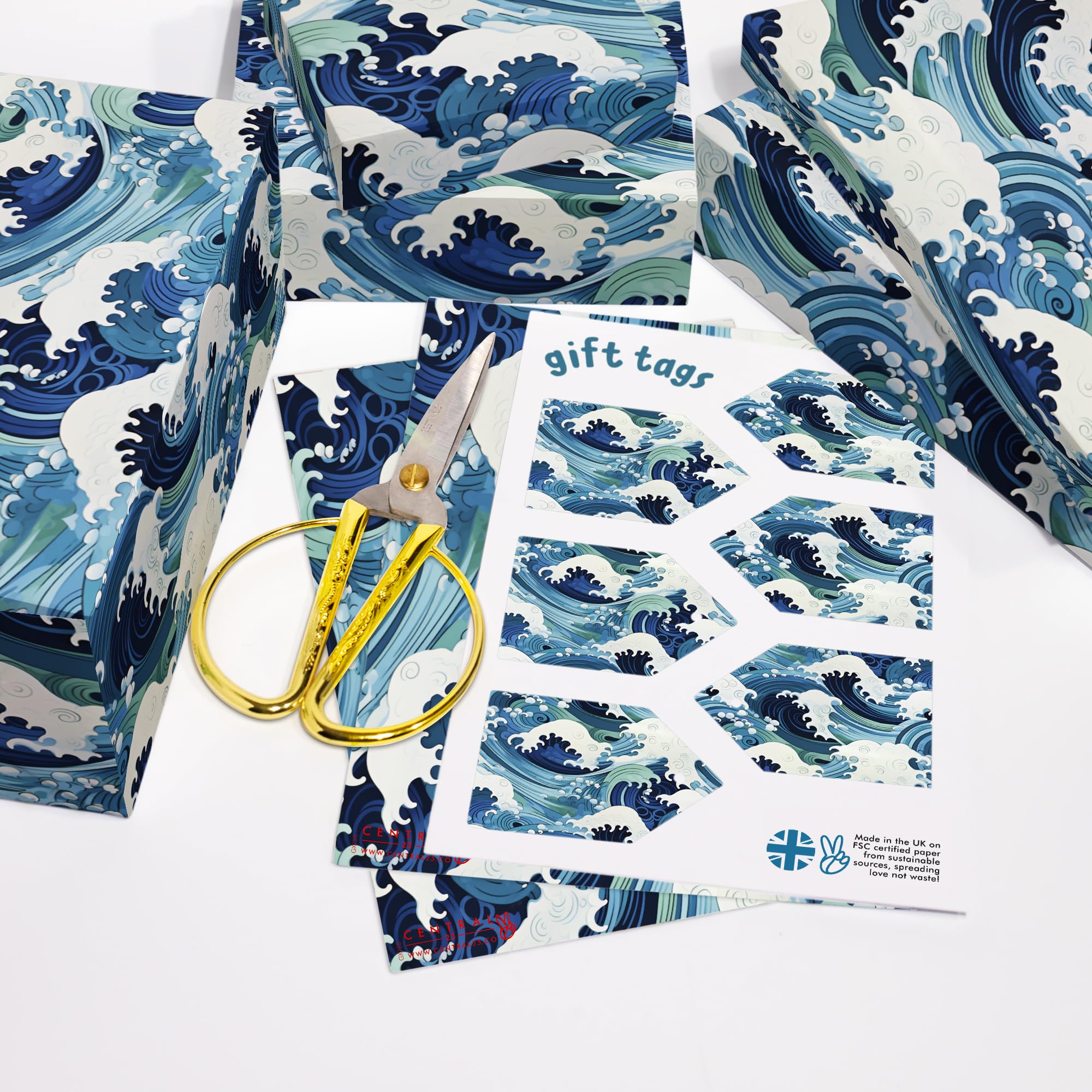 CENTRAL 23 Blue Wrapping Paper - 6 Sheets of Birthday Gift Wrap - Japanese Great Wave Inspired - Ocean Themed - For Kids Men Women - Recyclable