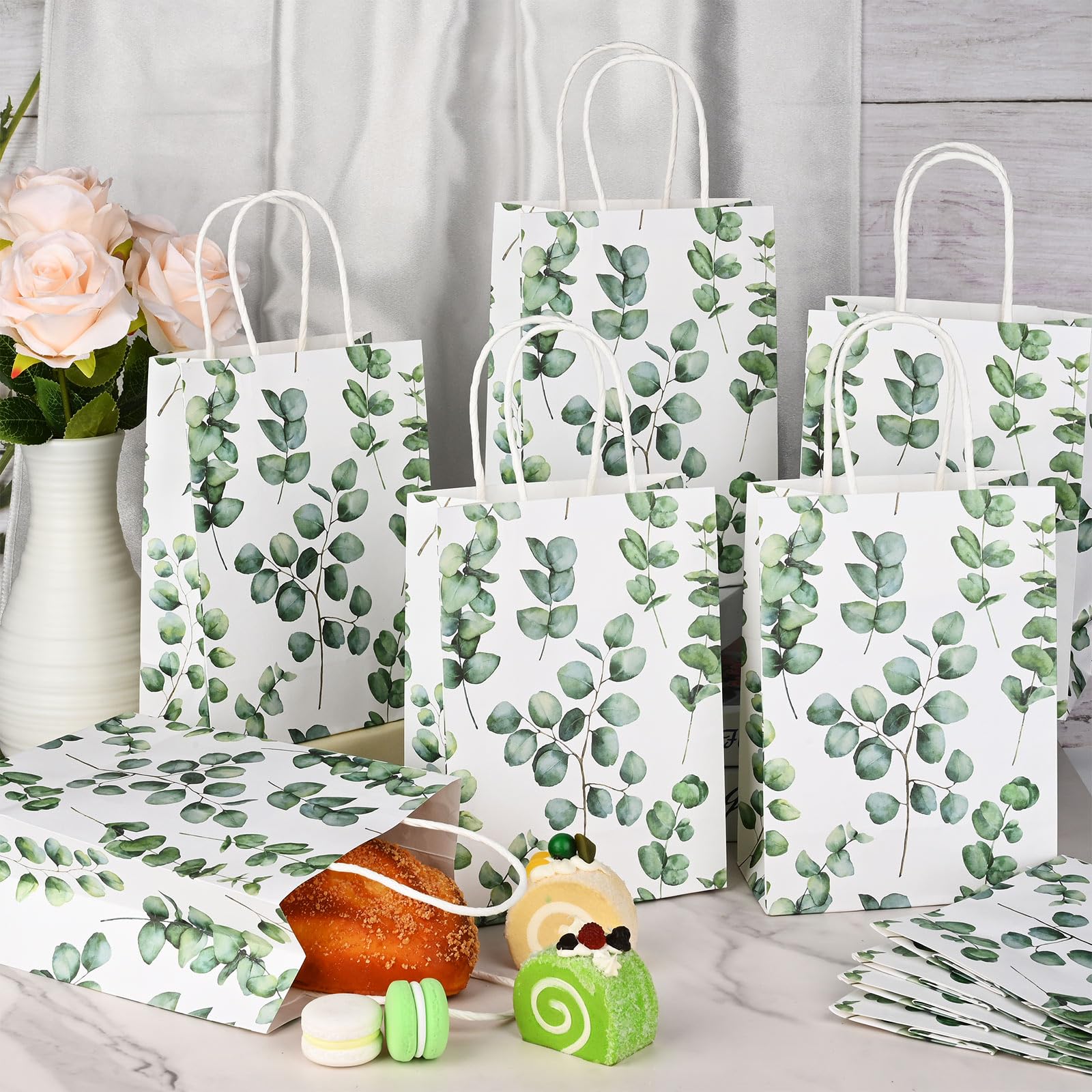 24 Pack Eucalyptus Paper Gift Bags with Handles Greenery Watercolor Green Leaf Paper Gift Bags Bulk Candy Goodie Treat Bags for Spring Wedding Birthday Baby Shower Party Favor Supplies