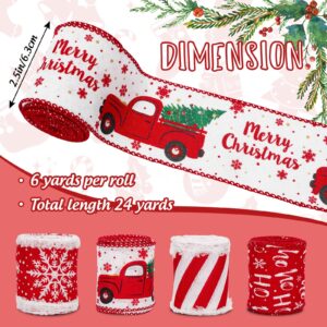 AnyDesign 24 Yards Christmas Wired Edge Ribbon Red White Xmas Snowflake Truck Fabric Craft Ribbon for Wreath Bow Making Gift Wrapping, 4 Roll