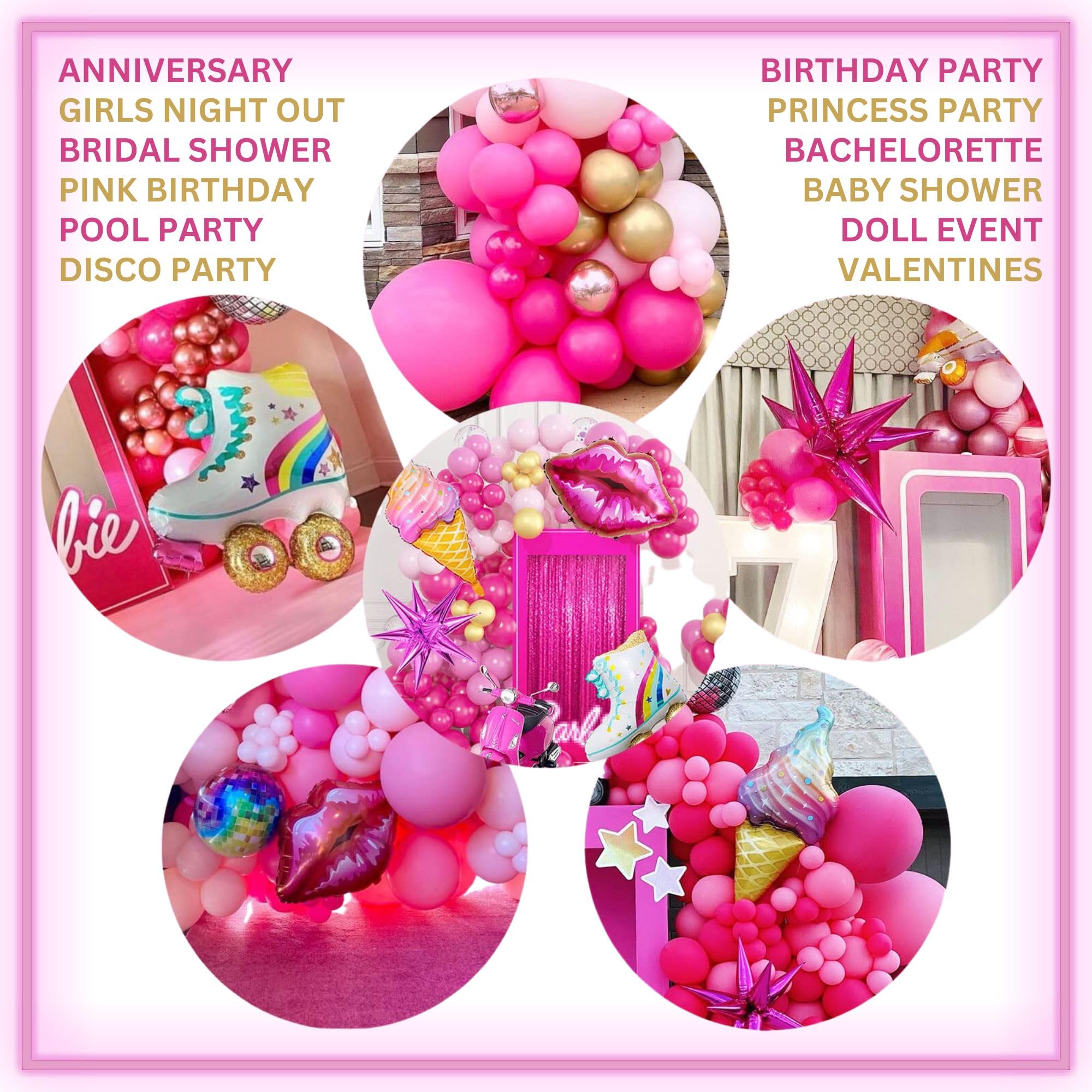 143Pcs Hot Pink Balloon Garland Arch Kit for Theme Party Pink Girl Birthday Party Princess Party Balloon Decoration Bachelorette Party Decoration Pink Arch DIY Kit Bridal Retro Disco