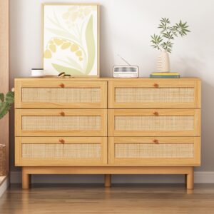 DHMAKER 6 Drawer Rattan Dresser, 48" Modern Double Dresser for Bedroom, Wide Chest of Drawers, Wood Storage Cabinet for Bedroom, Entryway, Living Room, Hallway