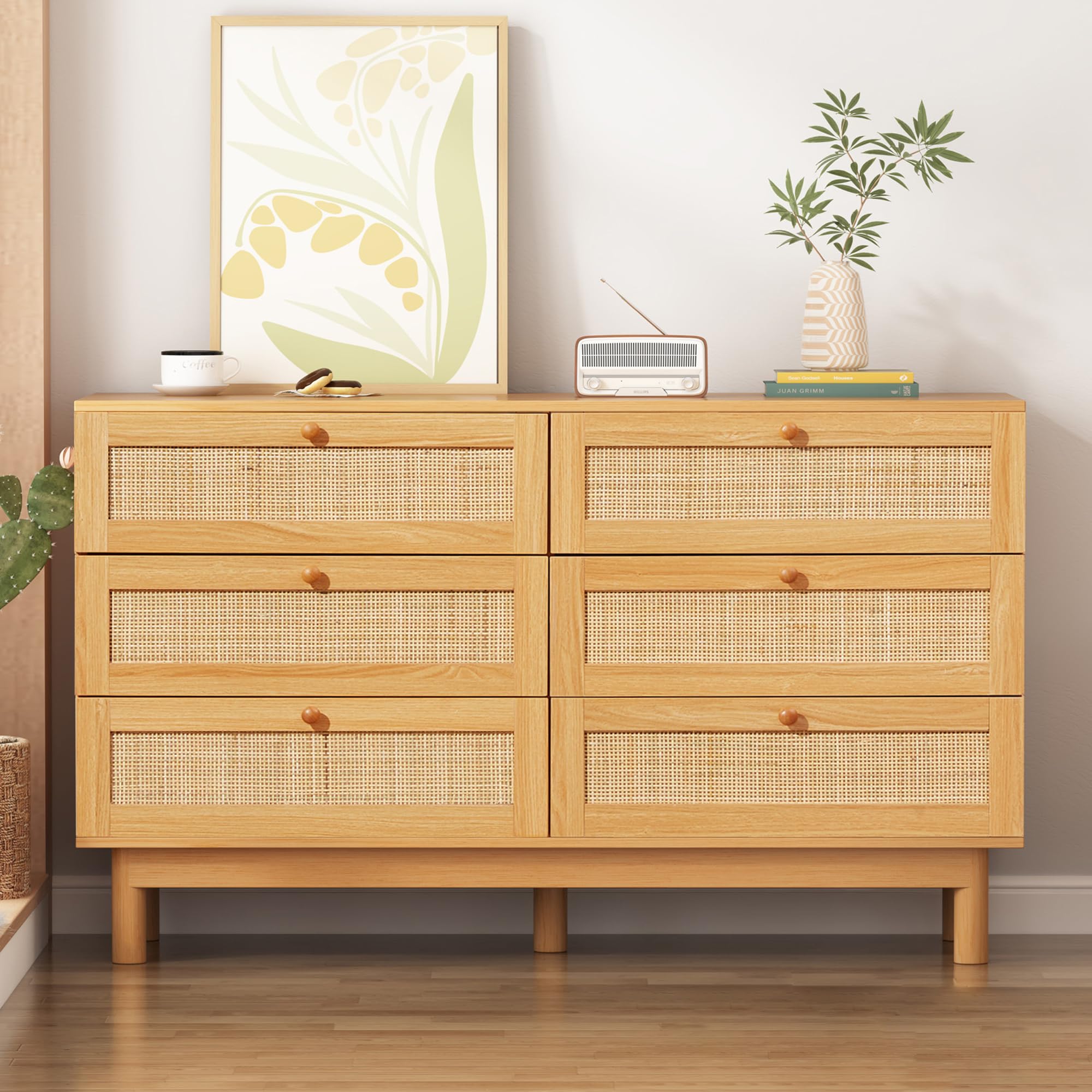 DHMAKER 6 Drawer Rattan Dresser, 48" Modern Double Dresser for Bedroom, Wide Chest of Drawers, Wood Storage Cabinet for Bedroom, Entryway, Living Room, Hallway