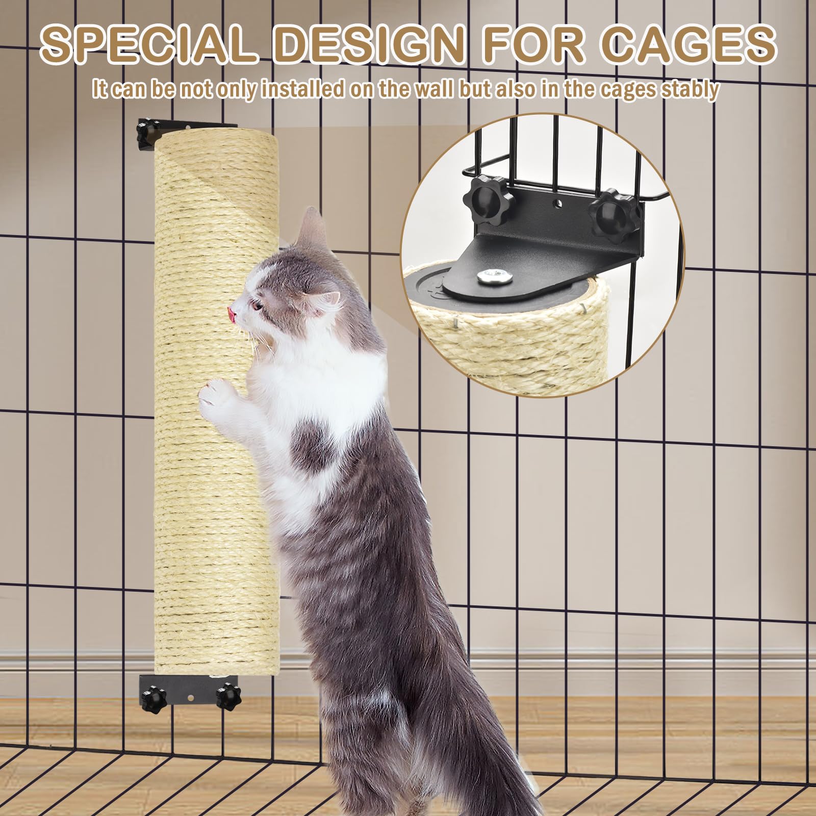 2 Pack Wall Mounted Cat Scratching Post 3 in1 Cage Wall Mounted Rope Cat Scratcher Post Replacement Cat Claw Scratcher Tree for Indoor Cats or Kittens Cat Wall Shelves Climbing Furniture (Sisal)