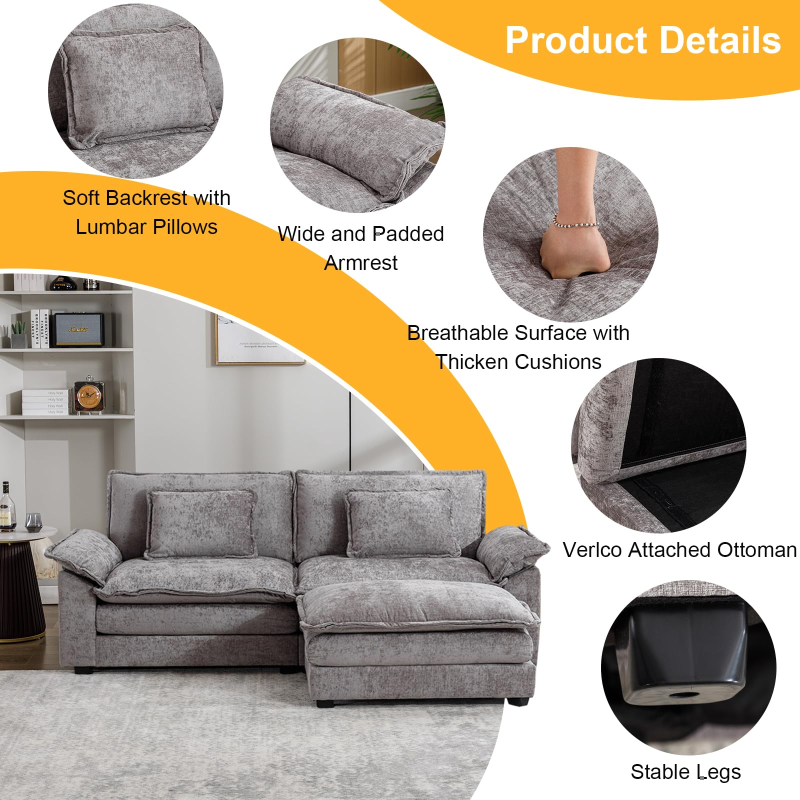 85.8" Modern Sectional Couch Sofas for Living Room, Chenille Fabric Double-Upholstered Comfy Sleeper Sofa, Wide Loveseat Couches with Chaise for Bedroom, Apartment, Office (Light Grey)