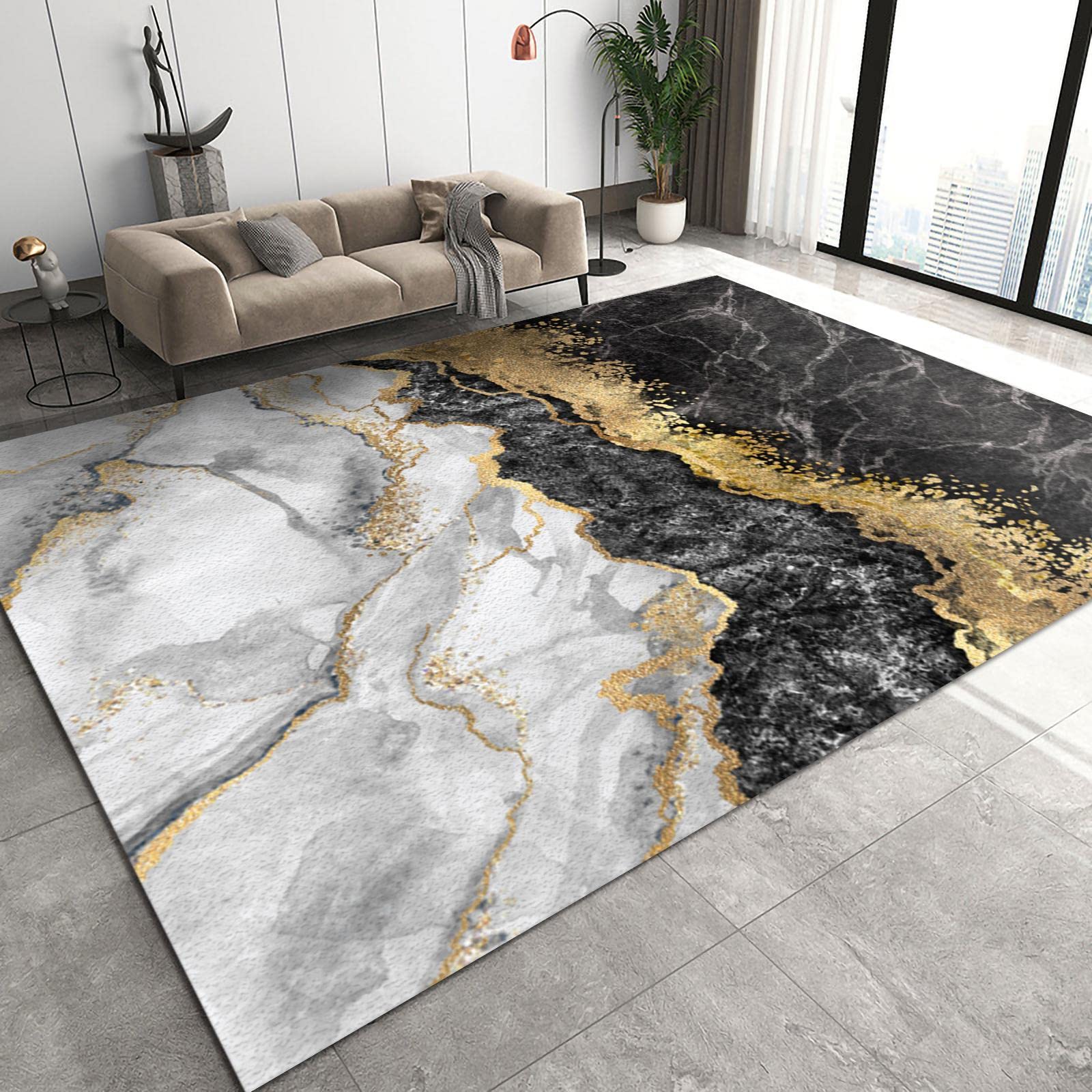 Nordic Luxury Art Living Room Area Carpet, Modern Black Gold and White Marble Texture Area Rug, Non-Slip Floor Breathable Large Rectangle Indoor Mat for Nursery Girls Bedroom Hallway-5x7ft