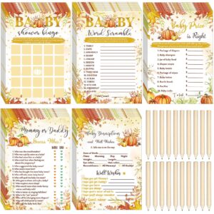 fuutreo 145 pieces thanksgiving baby shower party games sets, 125 pumpkin theme baby shower games paper cards with 20 editable pencils gifts for fall harvest family party game supplies