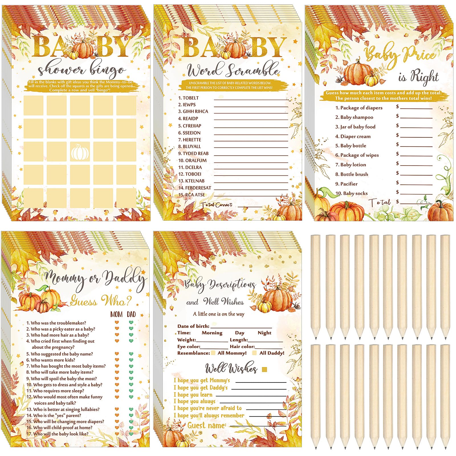 Fuutreo 145 Pieces Thanksgiving Baby Shower Party Games Sets, 125 Pumpkin Theme Baby Shower Games Paper Cards with 20 Editable Pencils Gifts for Fall Harvest Family Party Game Supplies