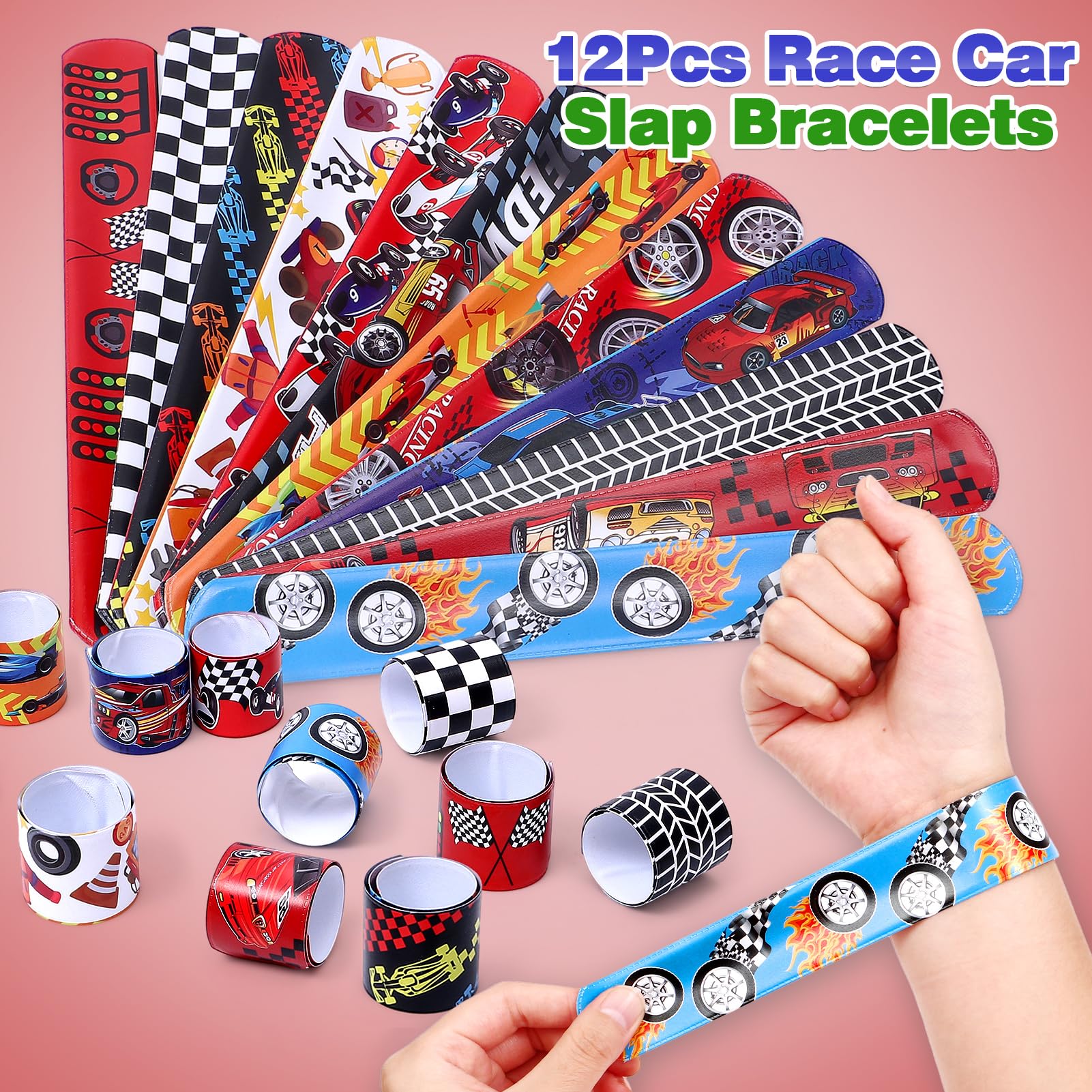 KELENO 98 Race Car Party Favors Race Car Birthday Party Supplies Straw Bubble Slap Band Sticker Racing Toy Gift Boy Kid Filler Goodie Bag Stuffer Racecar Themed Decorations