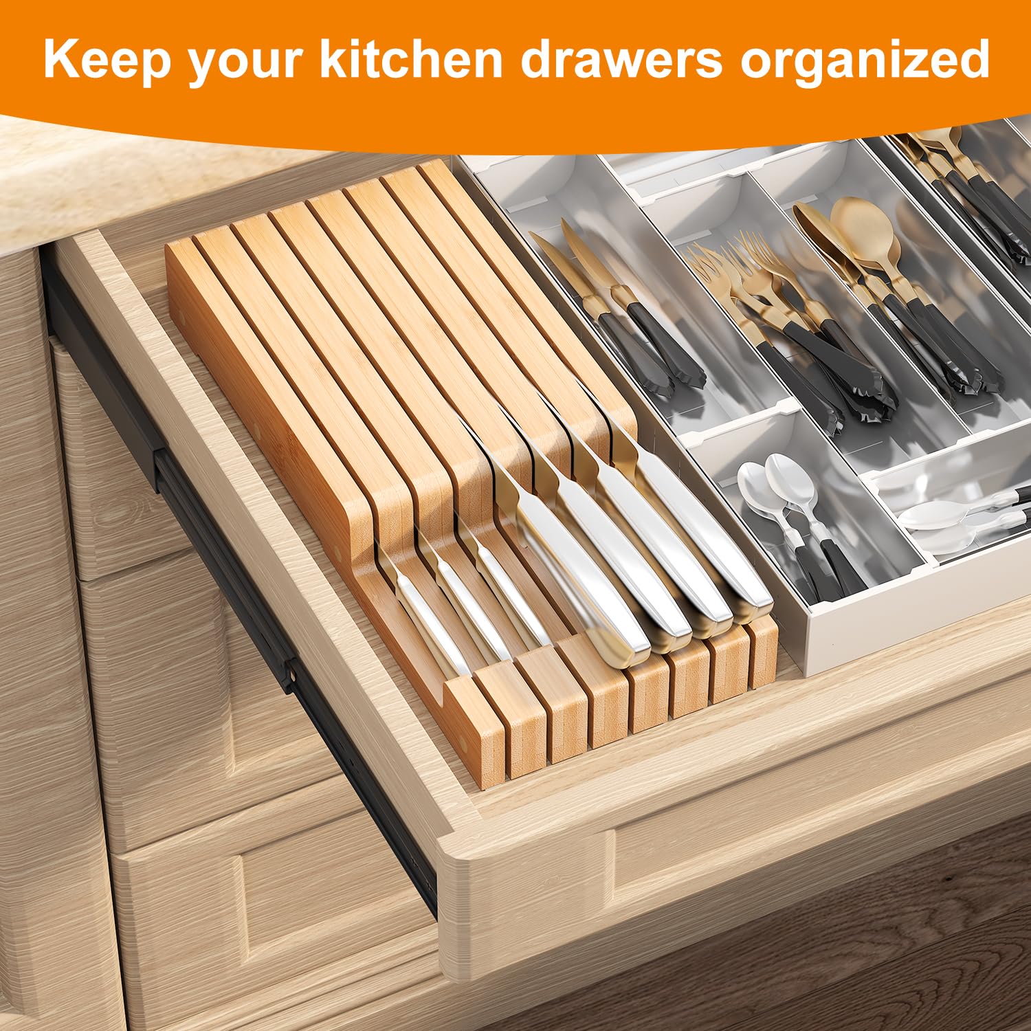 In-Drawer Bamboo knife block,Drawer Knife Storage Steak Knife Holder Without Knives,Holds up to 7 Knives(Not Include)