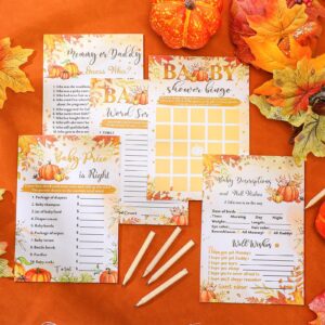 Fuutreo 145 Pieces Thanksgiving Baby Shower Party Games Sets, 125 Pumpkin Theme Baby Shower Games Paper Cards with 20 Editable Pencils Gifts for Fall Harvest Family Party Game Supplies