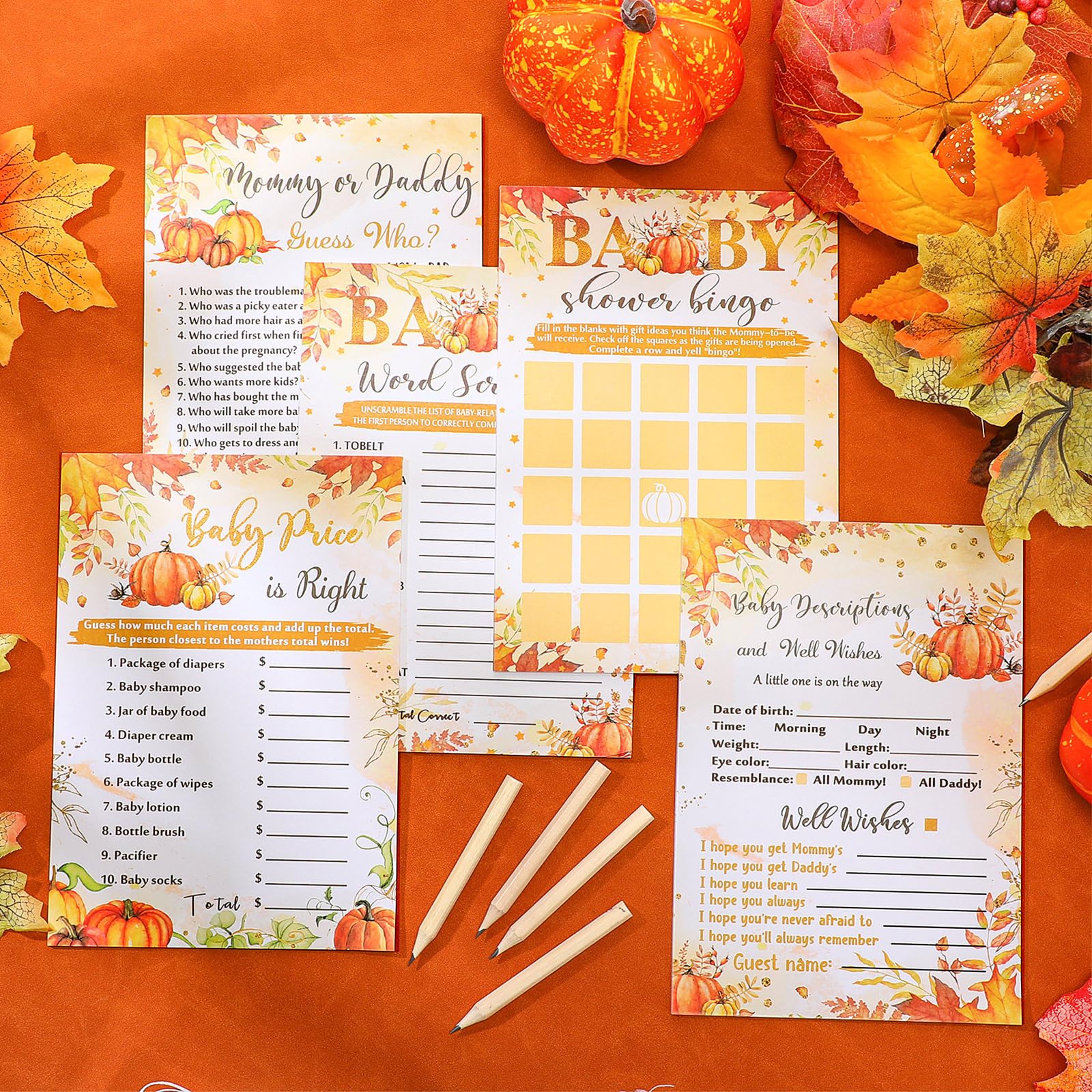 Fuutreo 145 Pieces Thanksgiving Baby Shower Party Games Sets, 125 Pumpkin Theme Baby Shower Games Paper Cards with 20 Editable Pencils Gifts for Fall Harvest Family Party Game Supplies