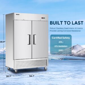 Wilprep Commercial Refrigerator, 54" 2 Solid Door Commercial Fridge with 42 cu. ft. Cap, Reach in Side by Side Refrigerator with Air Cooling Adjustable Shelves for Restaurant Kitchen