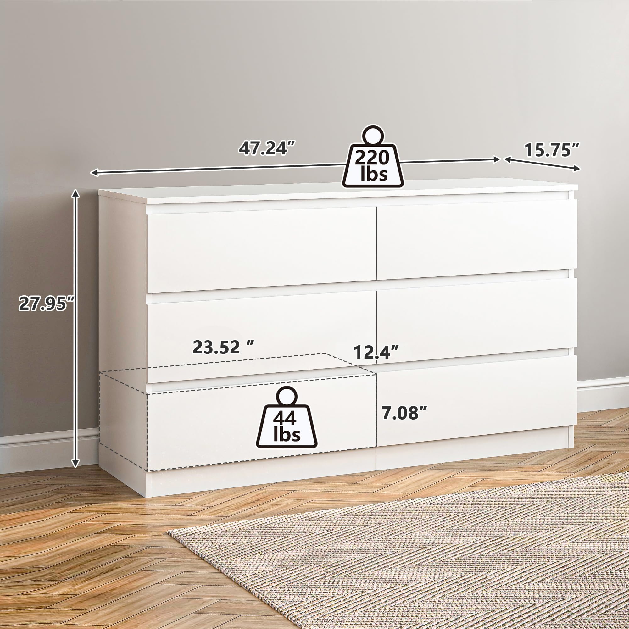 Vibe & Dine Double Dresser 6 Drawer, Modern Chest of Drawers with Wide Storage for Closet, Bedroom, Living Room