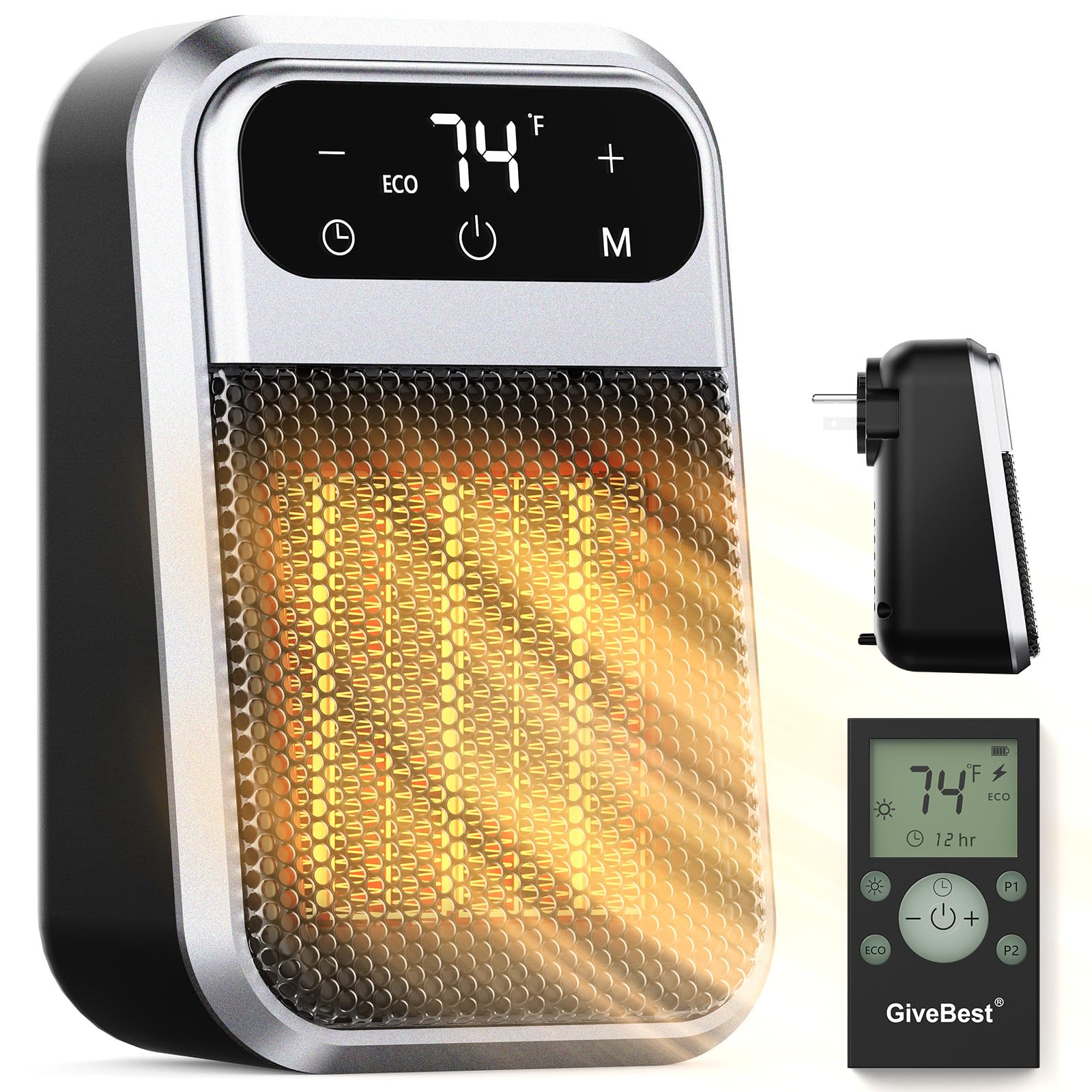 GiveBest 800W Wall Outlet Space Heater with Remote,LED Display Small Plug in Electric Heater with Adjustable Thermostat and Timer for rv and Home Office Bathroom Indoor Use