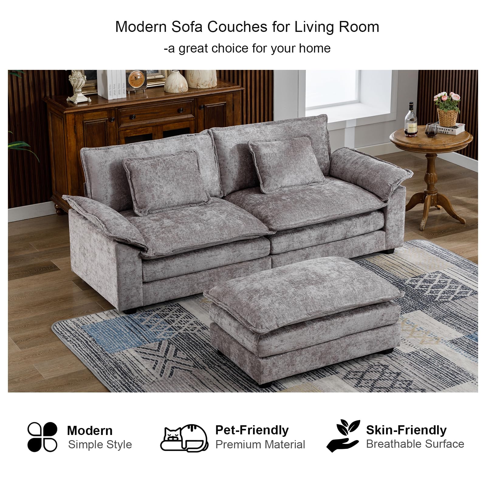 85.8" Modern Sectional Couch Sofas for Living Room, Chenille Fabric Double-Upholstered Comfy Sleeper Sofa, Wide Loveseat Couches with Chaise for Bedroom, Apartment, Office (Light Grey)