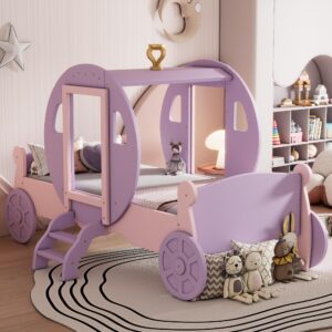 twin size princess carriage bed frame for boys girls kids toddler with crown, wood platform car bed with stair, purple+pink