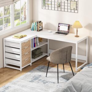 Tribesigns L Shaped Computer Desk with Storage Drawers, 59 inch Corner Desk with Shelves, Reversible L-Shaped Office Desk Study Writing Table Workstation for Home Office, White