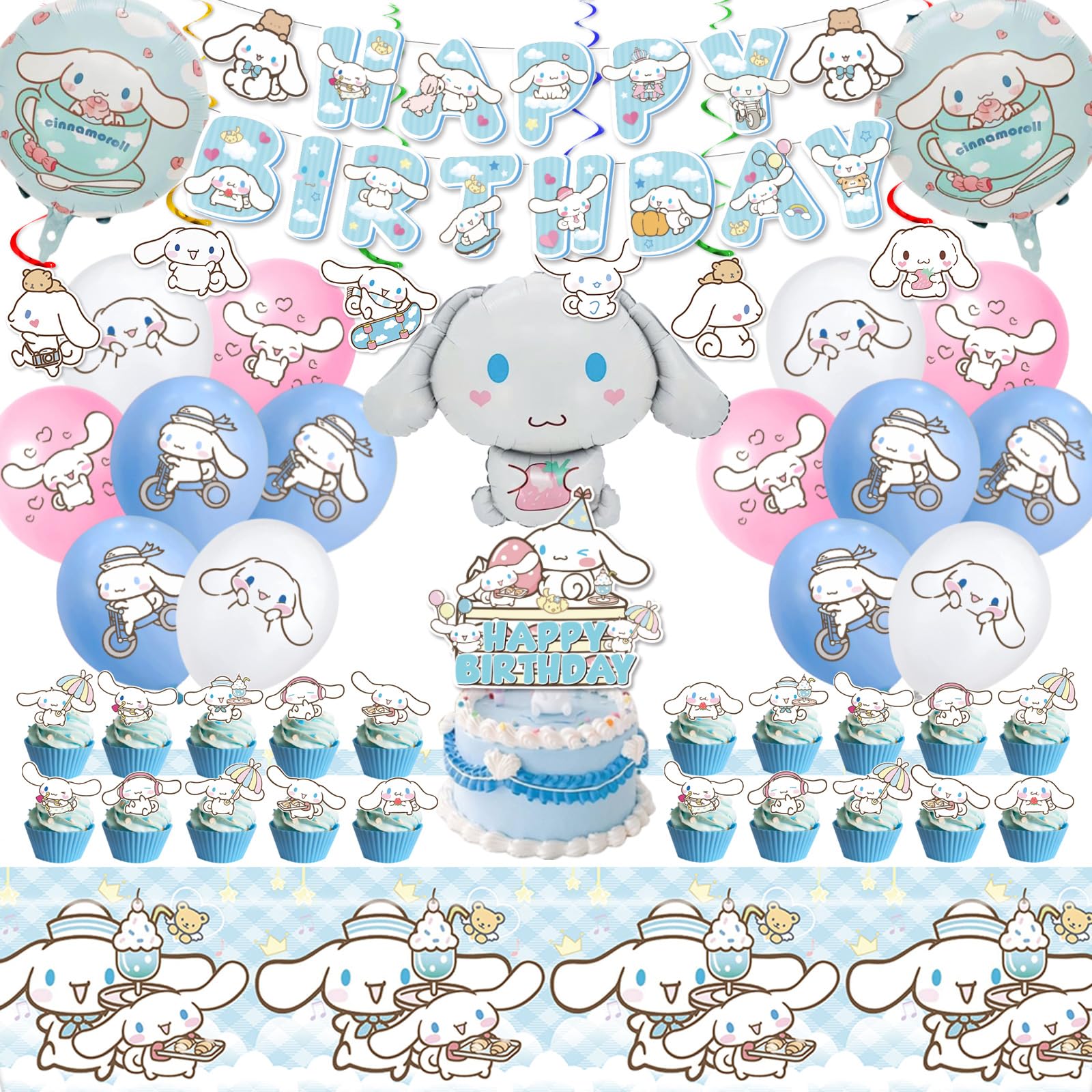 Cinnamoroll Birthday Decorations, Party Supplies Set Include Banner, Balloons, Hanging Swirls, Cake Cupcake Toppers, Tablecloth for Kids Cinnamoroll Theme Party