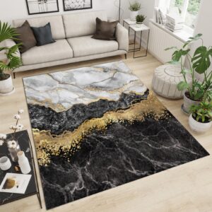 nordic luxury art living room area carpet, modern black gold and white marble texture area rug, non-slip floor breathable large rectangle indoor mat for nursery girls bedroom hallway-5x7ft