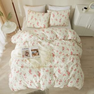 motntd floral duvet cover twin soft cotton bedding set twin aesthetic shabby chic girls flower pattern duvet cover set 3 piece breathable garden botanical comforter cover with 2 pillowcases