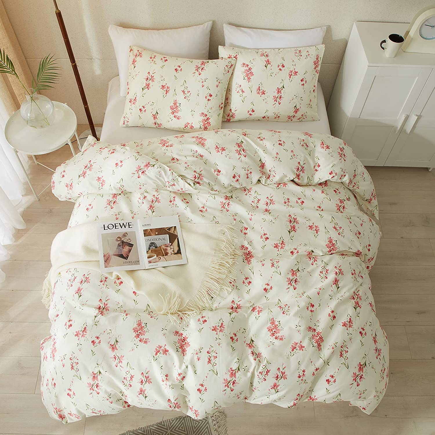 MOTNTD Floral Duvet Cover Twin Soft Cotton Bedding Set Twin Aesthetic Shabby Chic Girls Flower Pattern Duvet Cover Set 3 Piece Breathable Garden Botanical Comforter Cover with 2 Pillowcases