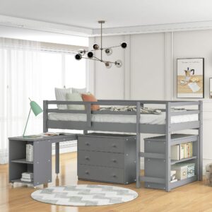 harper & bright designs twin size low loft bed with desk and storage cabinet, wooden low study loft bed with drawers, for kids teens girls boys - gray