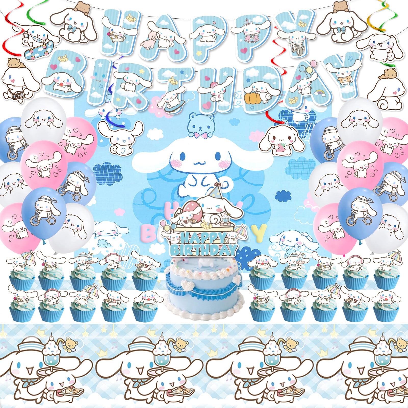 Cinnamoroll Birthday Decorations, Party Supplies Set Include Banner, Backdrop, Balloons, Hanging Swirls, Cake Cupcake Toppers, Tablecloth for Kids Cinnamoroll Theme Party