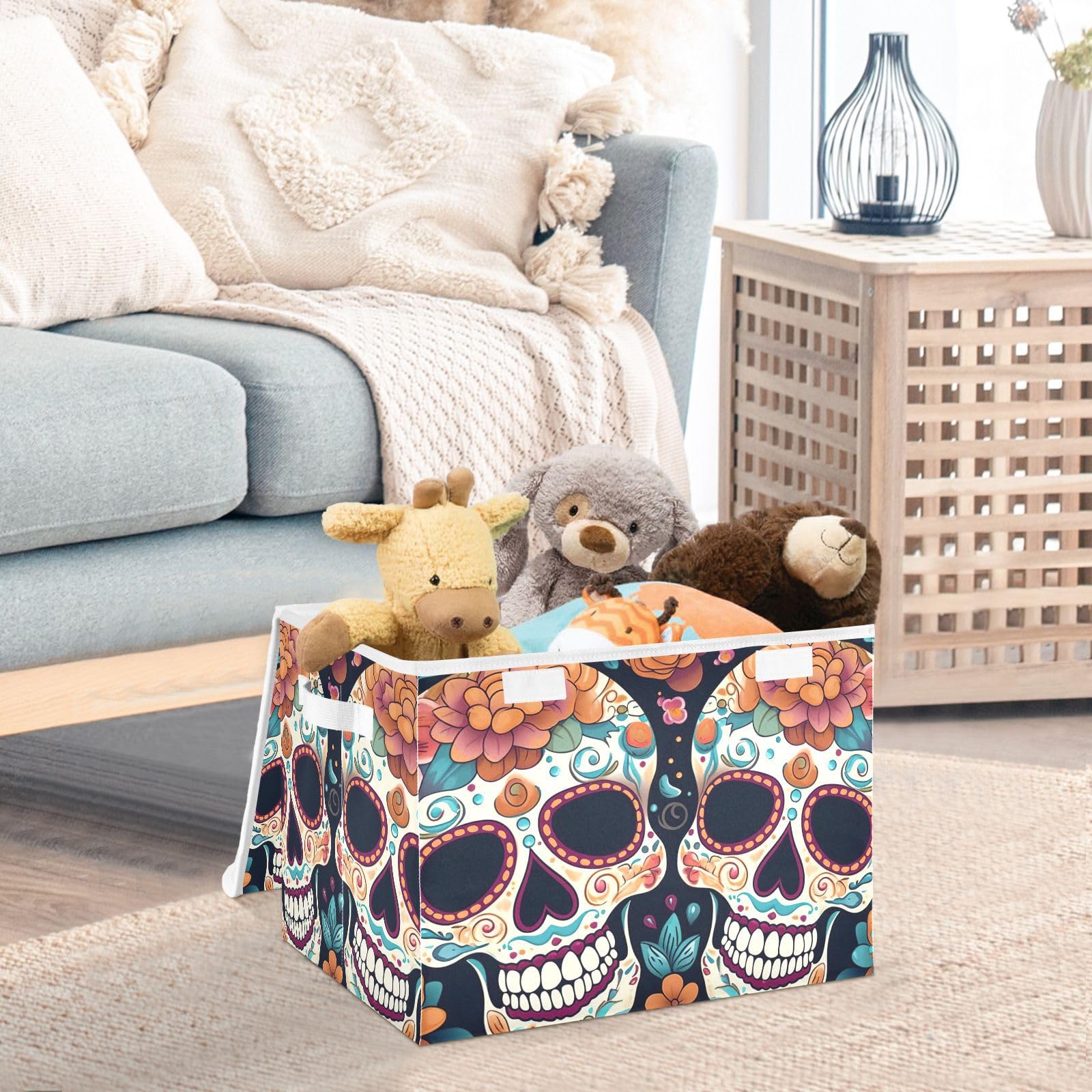 Vnurnrn Storage Cube with Lid Collapsible Flower Day Dead Skull Print, Large Capacity Foldable Storage Basket Bin Organizer 16.5×12.6×11.8 IN