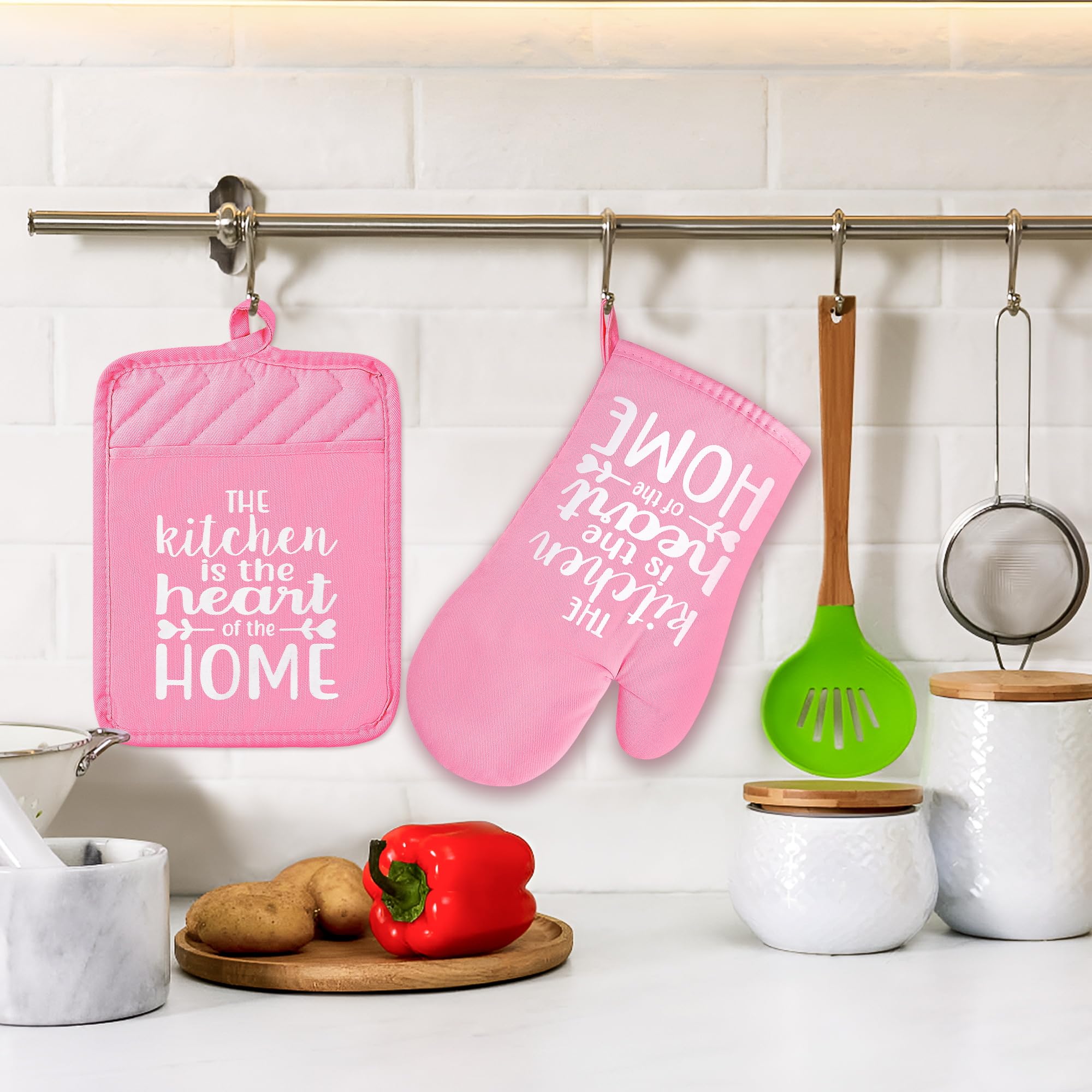 GROBRO7 6Pcs Funny Oven Mitts Pot Holders The Kitchen is The Heart of The Home Heat Resistant Hot Pad Machine Washable Gloves with Hanging Loop Pocket Pot Holder for Baking Cooking Pink