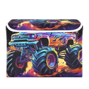 vnurnrn neon monster truck storage cube with lid collapsible, large capacity foldable storage basket bin organizer 16.5×12.6×11.8 in