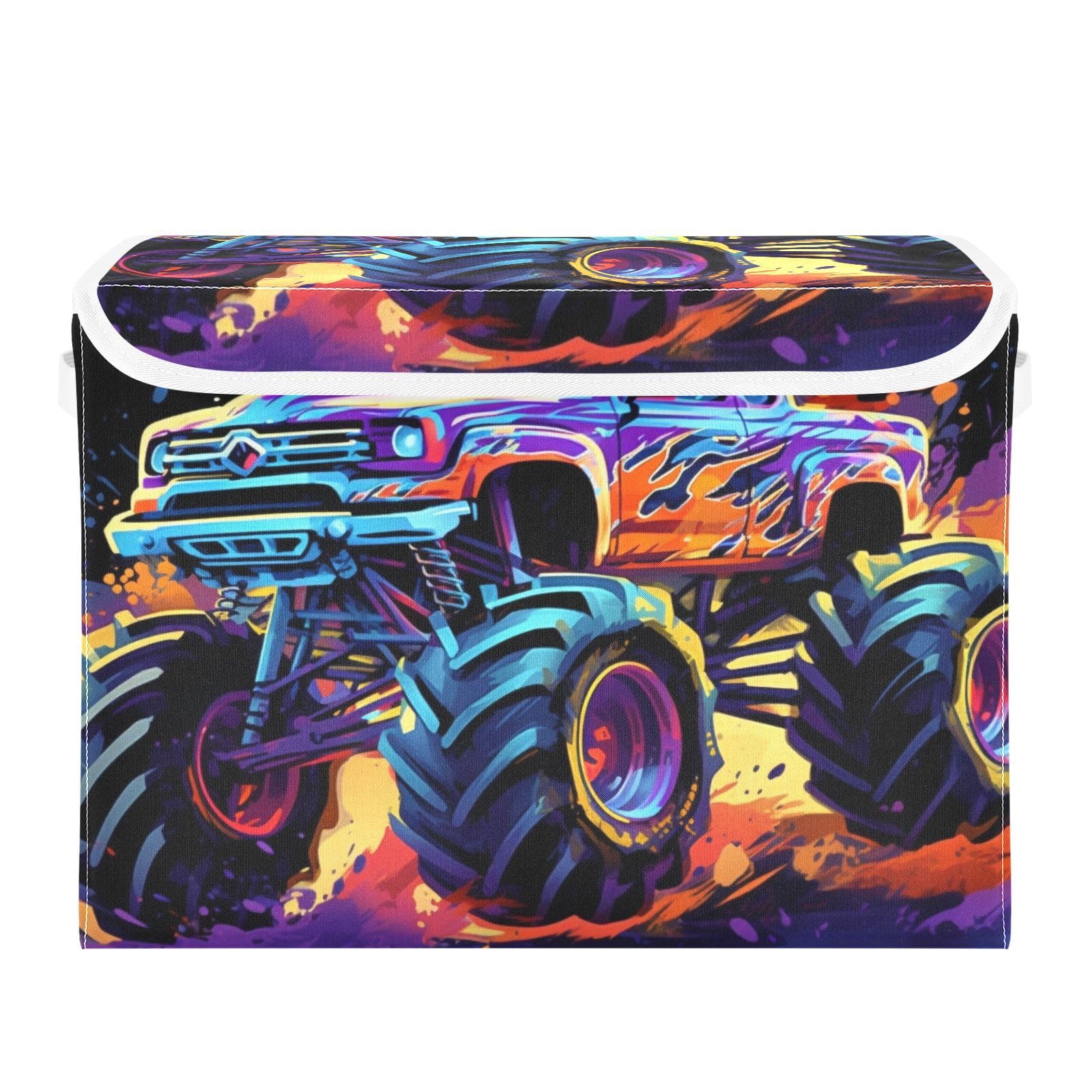 Vnurnrn Neon Monster Truck Storage Cube with Lid Collapsible, Large Capacity Foldable Storage Basket Bin Organizer 16.5×12.6×11.8 IN