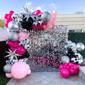 Enanal Disco Balloon Garland Arch Kit, Hot Pink Black Chrome Silver Balloon with Disco Ball Exploding Star Foil Balloons for Disco Bachelorette Party Princess Birthday 8090 Themed Party Decor (Disco)