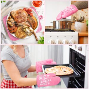 GROBRO7 6Pcs Funny Oven Mitts Pot Holders The Kitchen is The Heart of The Home Heat Resistant Hot Pad Machine Washable Gloves with Hanging Loop Pocket Pot Holder for Baking Cooking Pink