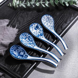 Soup Spoons Ceramic Asian Soup Spoons Sets of 4 Long Handle Japanese Soup Spoons Deep Blue Porcelain Ramen Spoons Pho Spoon (4PCS)