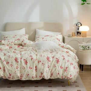 MOTNTD Floral Duvet Cover Twin Soft Cotton Bedding Set Twin Aesthetic Shabby Chic Girls Flower Pattern Duvet Cover Set 3 Piece Breathable Garden Botanical Comforter Cover with 2 Pillowcases