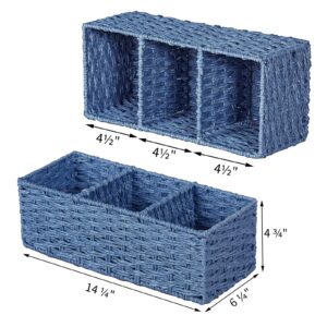 Vagusicc 3-Section Wicker Storage Basket, Hand-Woven Paper Rope Wicker Baskets,Toilet Paper Basket for Toilet Tank Top, Small Wicker Baskets for Organizing, 2-Pack, Blue