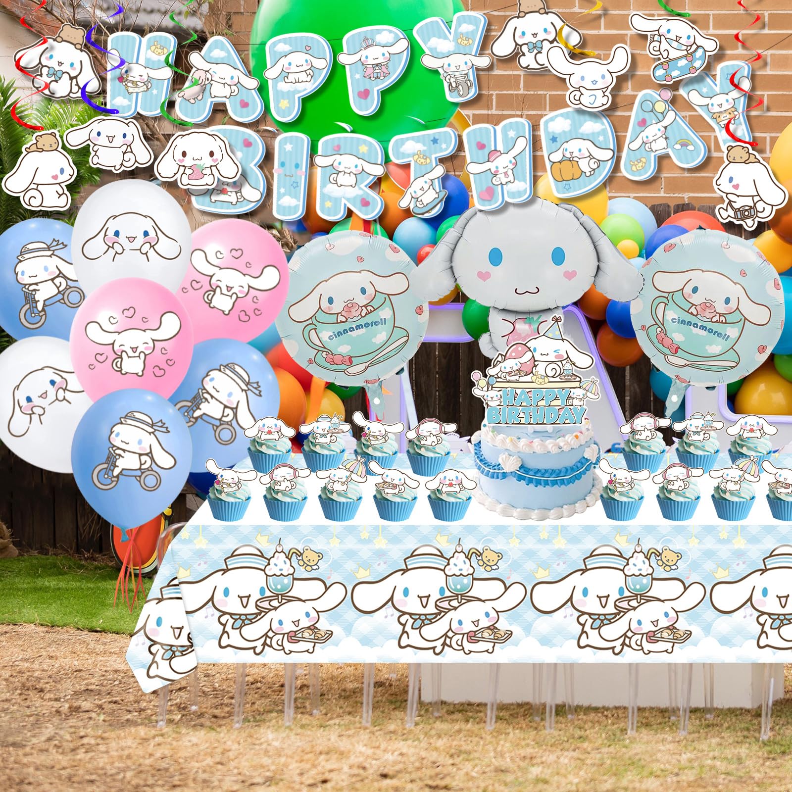 Cinnamoroll Birthday Decorations, Party Supplies Set Include Banner, Balloons, Hanging Swirls, Cake Cupcake Toppers, Tablecloth for Kids Cinnamoroll Theme Party