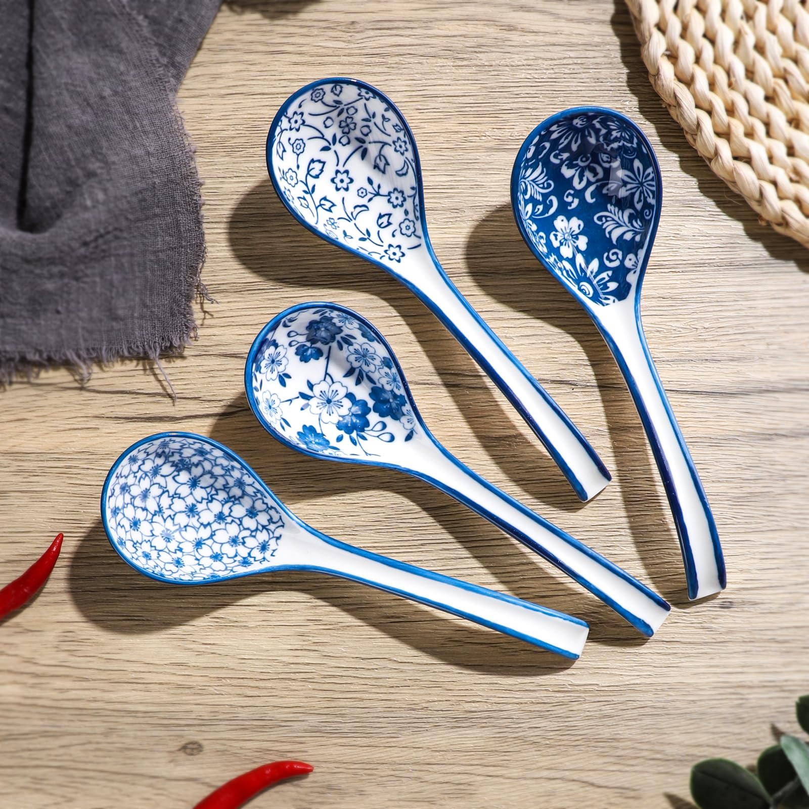 Soup Spoons Ceramic Asian Soup Spoons Sets of 4 Long Handle Japanese Soup Spoons Deep Blue Porcelain Ramen Spoons Pho Spoon (4PCS)