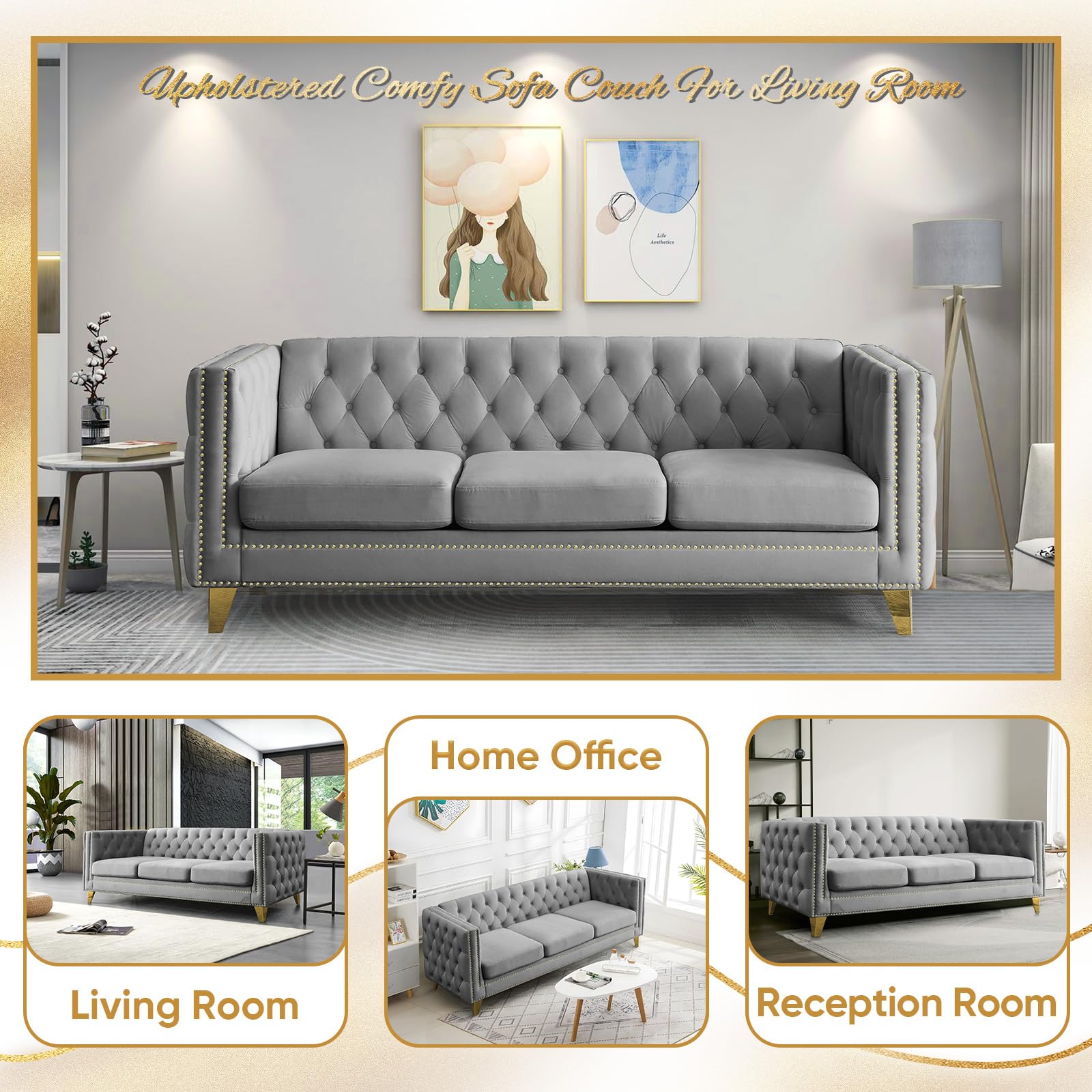 Velvet 3 Seater Sofa Couch, Comfy Couches for Living Room, Modern Sofa with Tufted Back and Rivet Decoration, Upholstered Long Couch with Solid Golden Metal Tapered Legs, Grey