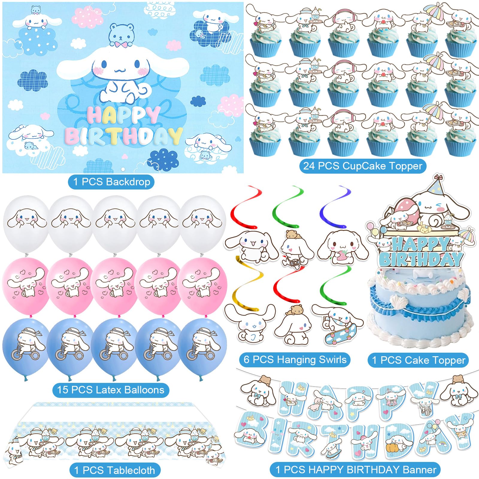 Cinnamoroll Birthday Decorations, Party Supplies Set Include Banner, Backdrop, Balloons, Hanging Swirls, Cake Cupcake Toppers, Tablecloth for Kids Cinnamoroll Theme Party