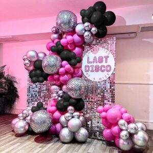 Enanal Disco Balloon Garland Arch Kit, Hot Pink Black Chrome Silver Balloon with Disco Ball Exploding Star Foil Balloons for Disco Bachelorette Party Princess Birthday 8090 Themed Party Decor (Disco)