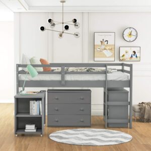 Harper & Bright Designs Twin Size Low Loft Bed with Desk and Storage Cabinet, Wooden Low Study Loft Bed with Drawers, for Kids Teens Girls Boys - Gray