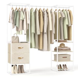 songmics clothes rack, 70.9 inch wardrobe freestanding closet, heavy duty garment rack with 1 extendable hanging rod, 2 drawers and 4 shelves, for bedroom, space-saving, natural beige urgr003w67