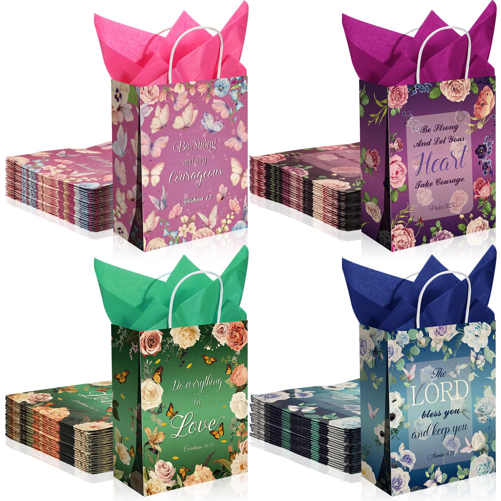 Tenceur 32 Pcs Bible Gift Paper Bags Religious Gift Bags with 32 Tissues Bible Verse Paper Gifts Bags with Handles Christian Gift Bag Inspirational Flower Party Favor Bags for Wedding Birthday Favors